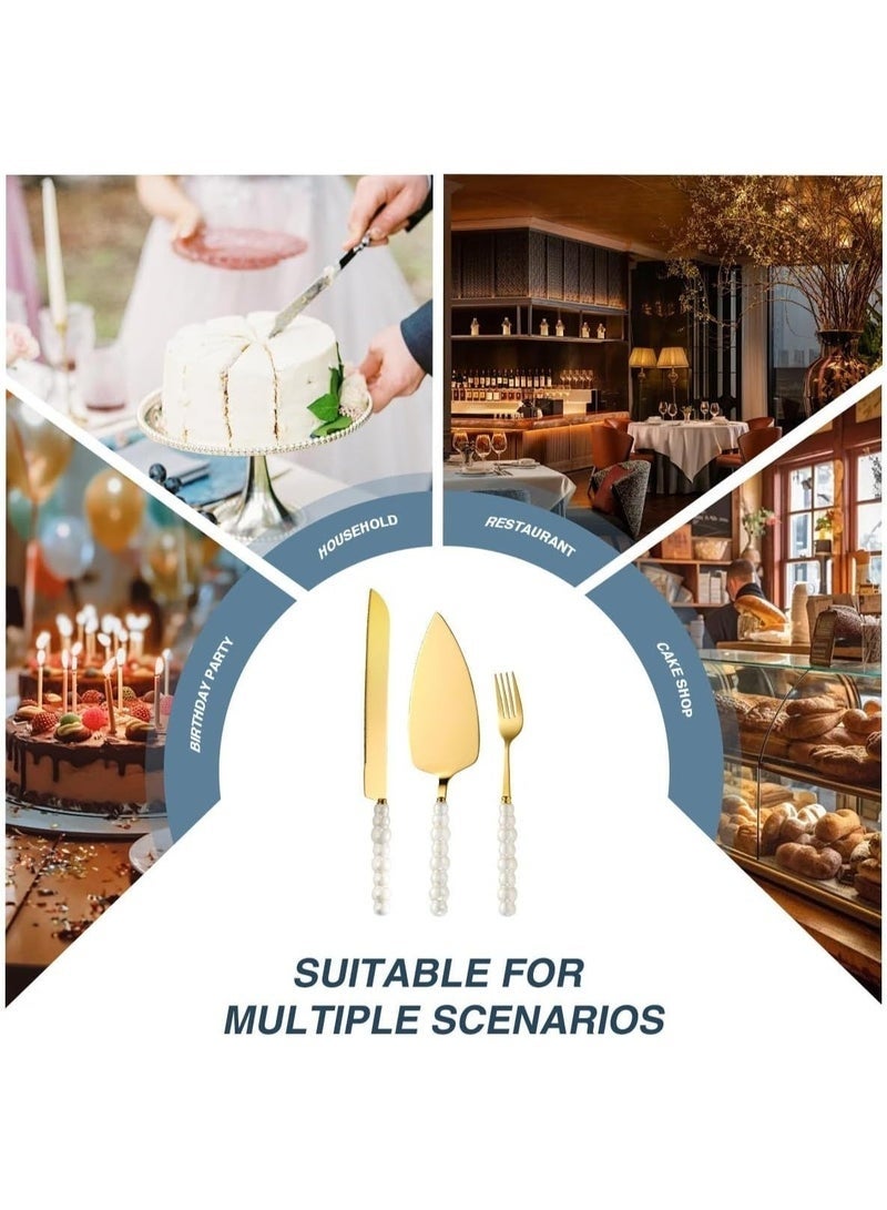 YSR VEF 4 PCS Pearl Cake Serving Set,Wedding Cake Knife and Server Set with Forks,Cake Cutting Set with Stainless Steel Serrated Edges Pearl Handle Cake Cutting Set ,Stainless Steel PieCutter Pizza Spatula, Wedding/Birthday/Anniversary Bridal Gift, Engagement Gift for Couples (Gold) - Image 5